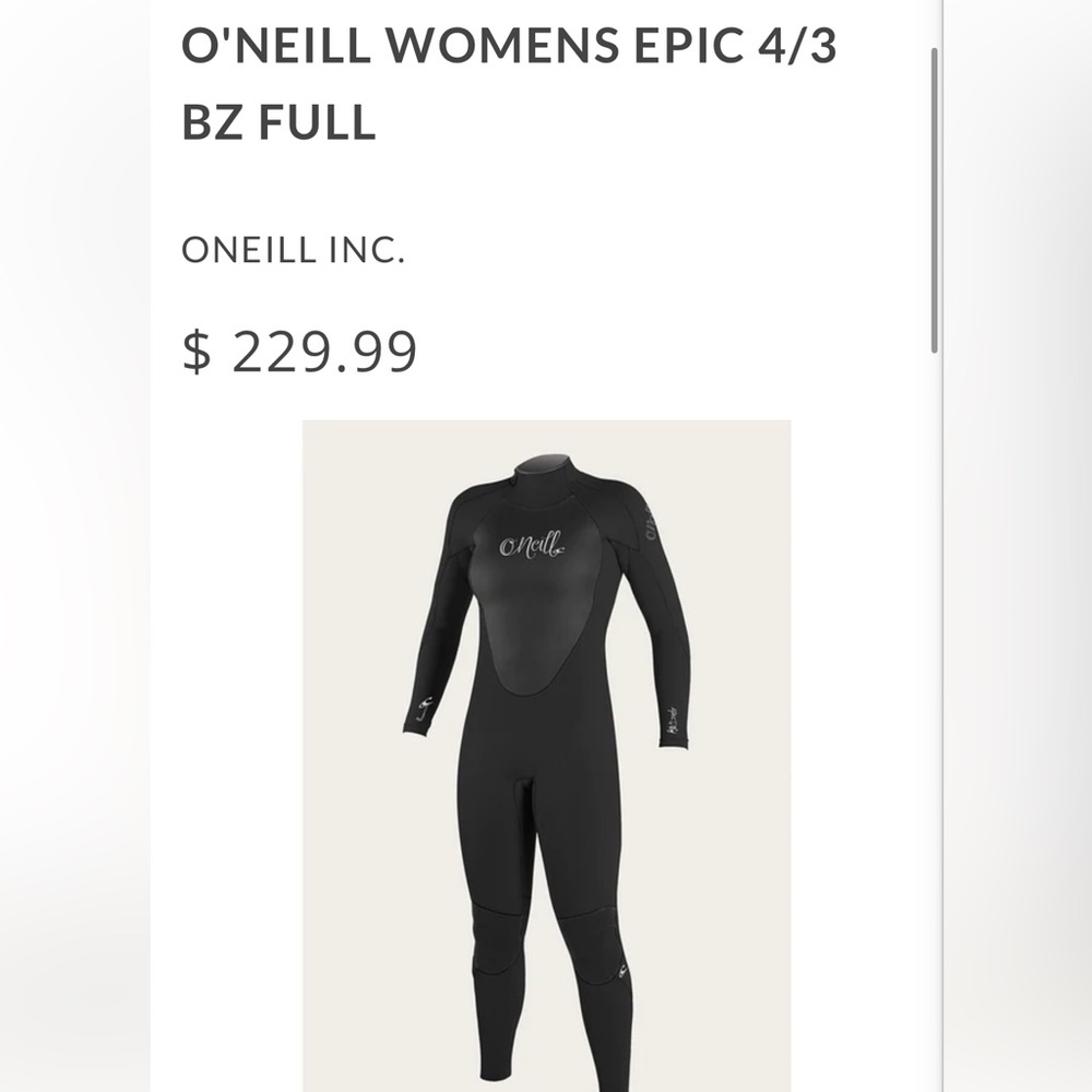 O’Neill Women’s Epic Wetsuit, full length, size 10T, 4/3 thickness.
